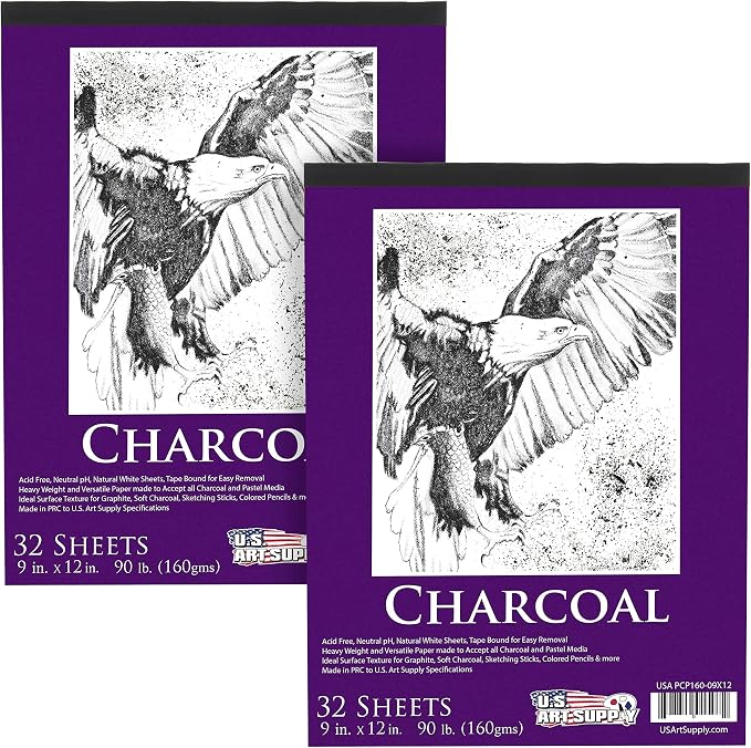U.S. Art Supply 9" x 12" Premium Heavy-Weight Charcoal Sketchbook (2 Pack, 64 Sheets Total) - 90lb (160gsm) Sketch Book Pad for Charcoal, Pencil & Pastel Drawing