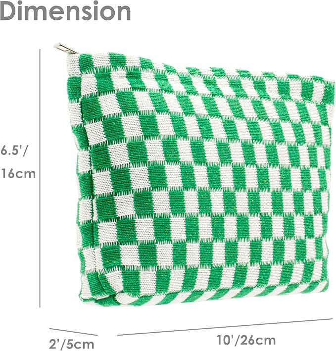 PAZIMIIK Checkered Makeup Bag for Purse, Small Flat Cosmetic Pouch,Green | Cute Zipper Makeup Organizer for Women, Travel Essentials, Toiletries, Makeup Brushes, Beauty Accessories&Bridesmaid Gifts