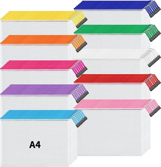 JARLINK A4 Mesh Zipper Pouch Bags, 72 Pcs Waterproof Zipper Pouch Bags | Multi-use Mesh Bags for Board Games & Puzzles, Office School Supplies, Toys, Cosmetics Travel Storage, 10 Colors, Lettle Size