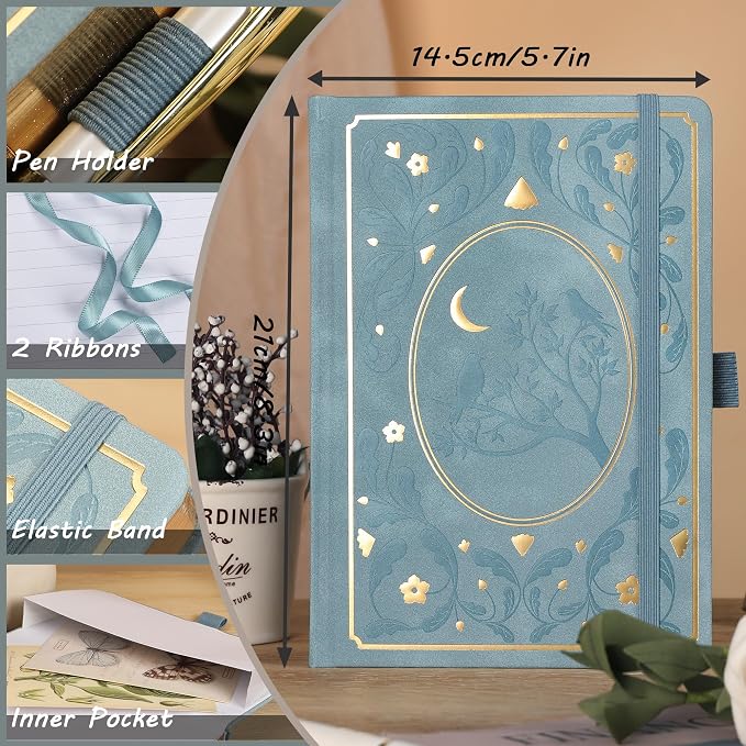 TIEFOSSI Line Journal Notebook, A5 Hardcover Rule Journal for Women Men | 100gsm 316 Numbered Pages Diary, Aesthetic Leather Bird Pattern for Journaling Organization,Planning, Tracking & Sketching
