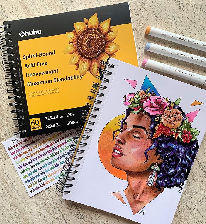 Ohuhu 7"x10" Marker Paper Pad Art Sketchbook for Drawing and Sketching | Large Sketch Book - 120 LB/200 GSM Smooth Drawing Paper - 60 Sheets/120 Pages - Spiral-Bound Sketch Pad for Alcohol Markers