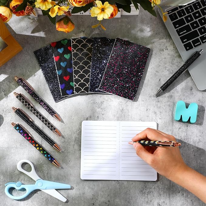 12 Set Cute Mini Notebook and Fancy Pen Gift Set for Women 6 Mini Glitter Pocket Notepad 6 Cute Sparkly Glitter Pen for Girl Office First Day of School Mother's Day Christmas Graduation(Black)