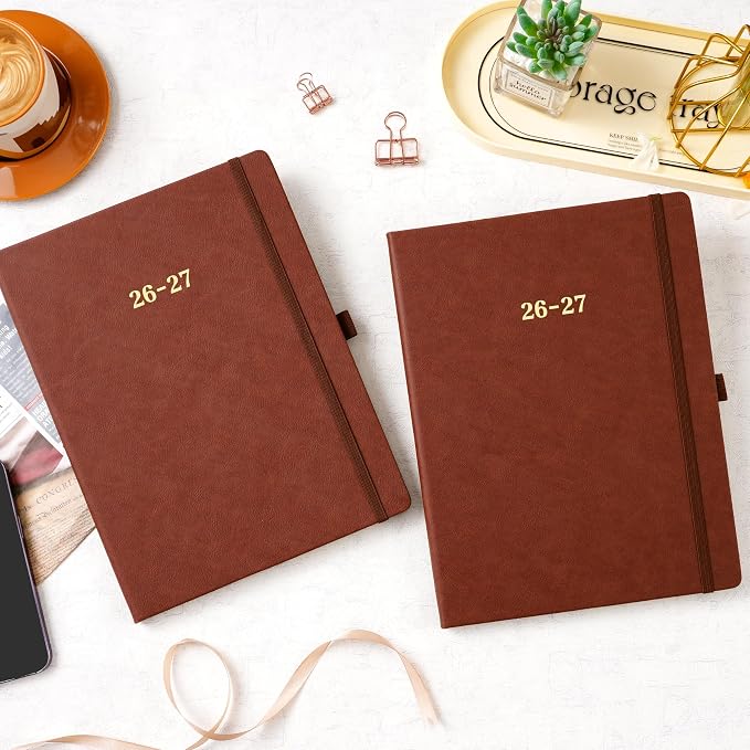 Vondafe 2026-2027 Planner - Weekly and Monthly Planner 2026-2027, Jul. 2026 - Jun. 2027, 9" x 11", 26-27 Calendar Planner with Inner Pocket + Elastic Closure + Pen Loop + Bookmarks, Leather Hardcover - Brown