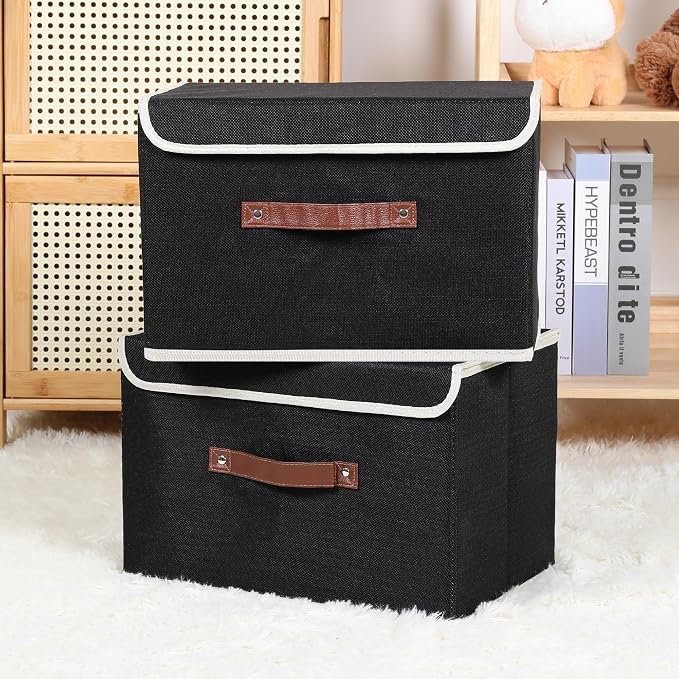 ANMINY Storage Bin with Lid Storage Boxes with PU Leather Handles PP Plastic Board Decorative Foldable Lidded Cotton Linen Fabric Home Cubes Baskets Closet Organizer Container - Black, Medium