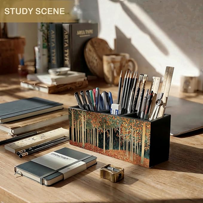 Rustic William Morris Inspired Autumn Forest Wooden Pencil Pen Holder for Desk Organizers and Accessories, Cottagecore Botanical Nature Makeup Brush Holder Organizer for Bathroom Vanity