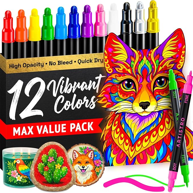 ARTISTRO 12 Precision Dual-Tip Acrylic Paint Markers – Paint Pens Set with Dot & Fine Tips for Fabric, Rock, Glass, Wood, Coloring Books – Arts & Crafts Gift – Classroom Must Haves & School Supplies