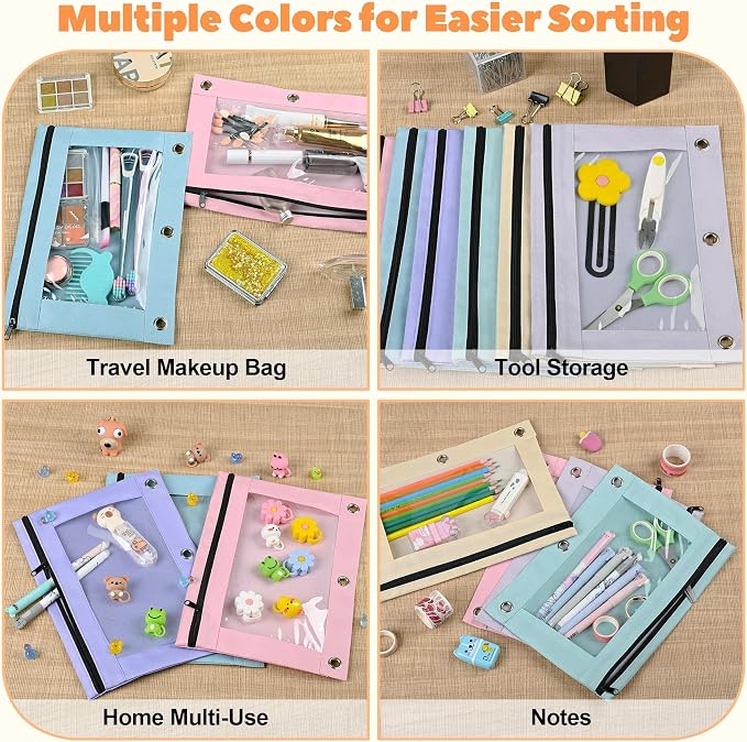 Lanpn Pencil Pouch for 3 Ring Binder 6 Pack, Pastel Binder Pen Bags with Zipper, Aesthetic 3 Holes Pencil Pouches Organizer for Boy Girl Kids School Student, Reinforced Grommets & Clear Window