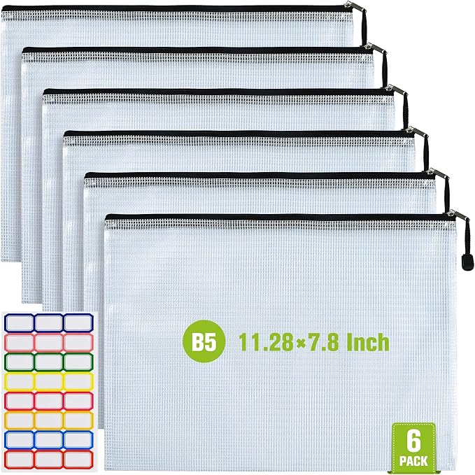 6PCS Mesh Zipper Pouch Bags: B5 Clear Zipper Pouches for Classroom, Black | 11.26×7.9 Inch Plastic Mesh Bag Document Pouch, Waterproof Organizing Pouch for School Office Supplies,Bikini Travel Storage
