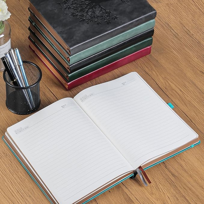 ZXHQ 360 Pages Thick Journal for Women & Men, A5 Lined Journaling Notebook for Writing, Hardcover, 100Gsm Paper, Tree of Life Design, Pen Set, Vintage Brown Edge, Back Pocket, Seagreen