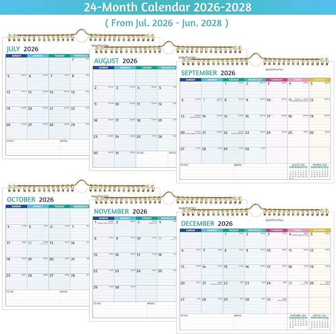 Wall Calendar 2026-2028 – Jul 2026 – Jun 2028, 2 Year Calendar 2026-2028, 11 x 8.5 In, 2026 Calendar 24 Months, Small Monthly Calendar with Ruled Blocks, Thick Paper, Holidays, To-dos ＆ Notes