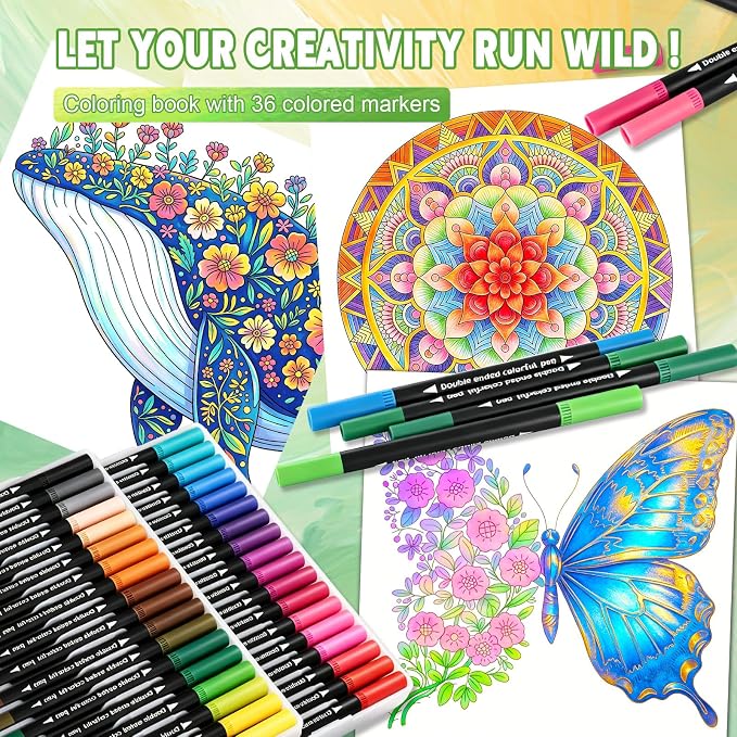Adult Coloring Book Set with Markers, 36 Colors Makers with 2Pack Adult Coloring Books for Adults Relaxation Calming, 48 Patterns,Anxiety Relief Gifts for Women Painting,Calligraphy, Doodling Journal