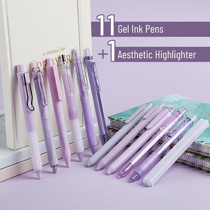 Mr. Pen- Purple Gel Pens Set, 12 Pack | Black Ink Cute Writing Pens with 1 Aesthetic Highlighter, 0.5 mm, Smooth Gel Pens for Journaling, Aesthetic Girly Stationery