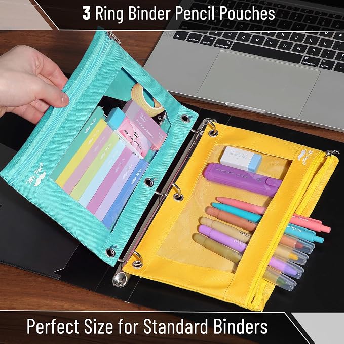 Mr. Pen- Pencil Pouch for 3 Ring Binder, 2 Pack, 10"x6.75", Smooth Zipper | Clear Window, Large Capacity Pencil Case with 3 Reinforced Grommets for School, Office, Supplies Storage | Clear Window, Large Capacity Pencil Case with 3 Reinforced Grommets f...