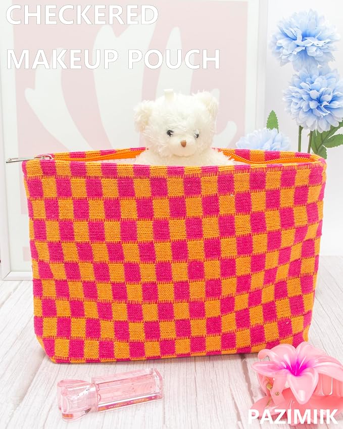 Checkered Makeup Bag for Purse, Small Flat Cosmetic Pouch,Red Orange | Cute Zipper Makeup Organizer for Women, Travel Essentials, Toiletries, Makeup Brushes, Beauty Accessories&Bridesmaid Gifts