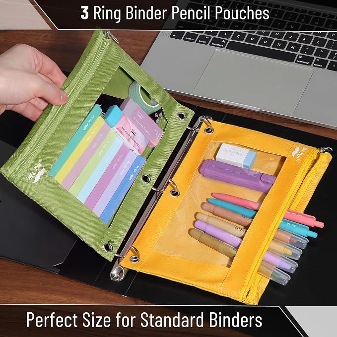 Mr. Pen- Pencil Pouch for 3 Ring Binder, 2 Pack, 10"x6.75", Smooth Zipper | Clear Window, Large Capacity Pencil Case with 3 Reinforced Grommets for School, Office, Supplies Storage | Clear Window, Large Capacity Pencil Case with 3 Reinforced Grommets f...
