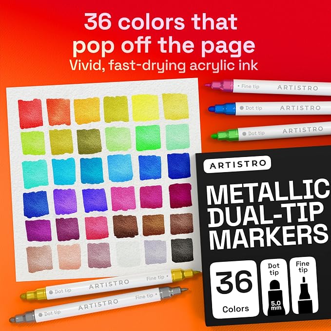ARTISTRO 36 Metallic Dual-Tip Acrylic Paint Markers – Paint Pens Set with Dot & Fine Tips for Fabric, Rock, Glass, Wood, Coloring Books – Arts & Crafts Gift – Classroom Must Haves & School Supplies