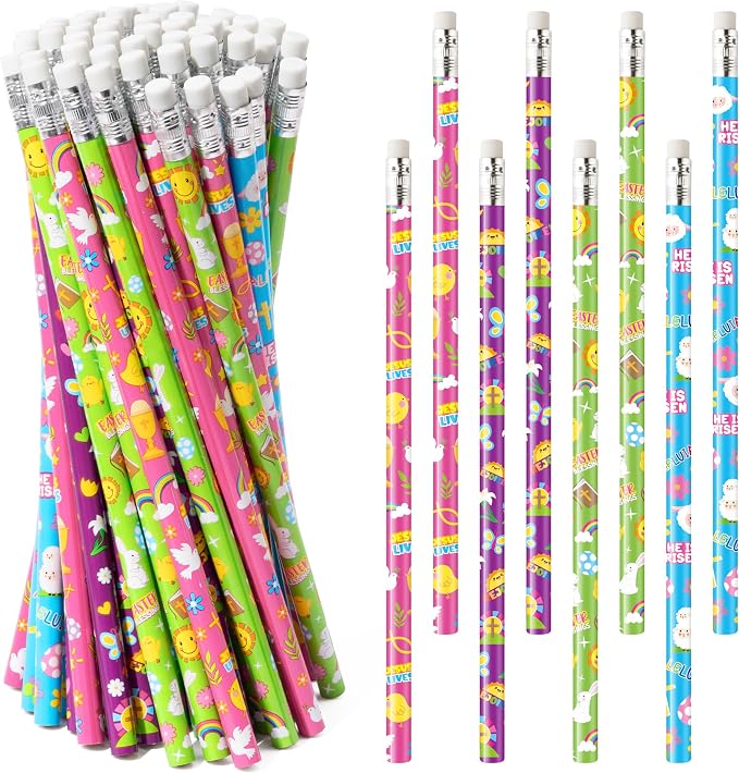 Xqumoi 60Pcs Easter Religious Pencils with Eraser - He is Risen Christian #2 HB Pencils, Sunday School Classroom Student Rewards Office Supply Holiday Gift Goodie Bag Fillers Stuffers Party Favors