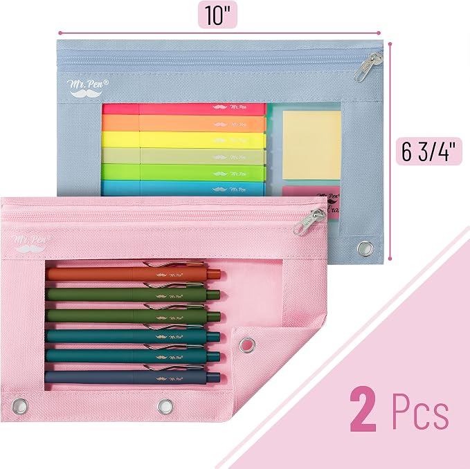 Mr. Pen- Pencil Pouch for 3 Ring Binder, 2 Pack, 10"x6.75", Smooth Zipper | Clear Window, Large Capacity Pencil Case with 3 Reinforced Grommets for School, Office, Supplies Storage | Clear Window, Large Capacity Pencil Case with 3 Reinforced Grommets f...