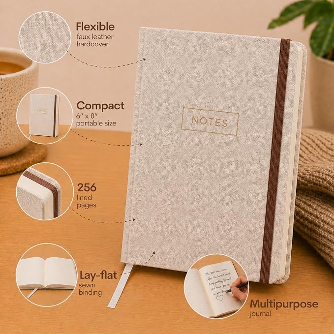 WORLD TRAVELER Eccolo Medium Lined Journal Notebook, A5 Writing Journal, 256 Ruled Ivory Pages, Ribbon Bookmark | Sturdy Flexible Hardcover, 80GSM Acid-Free Ivory Pages, Smyth-Sewn Lay-Flat Binding, Ribbon Bookmark