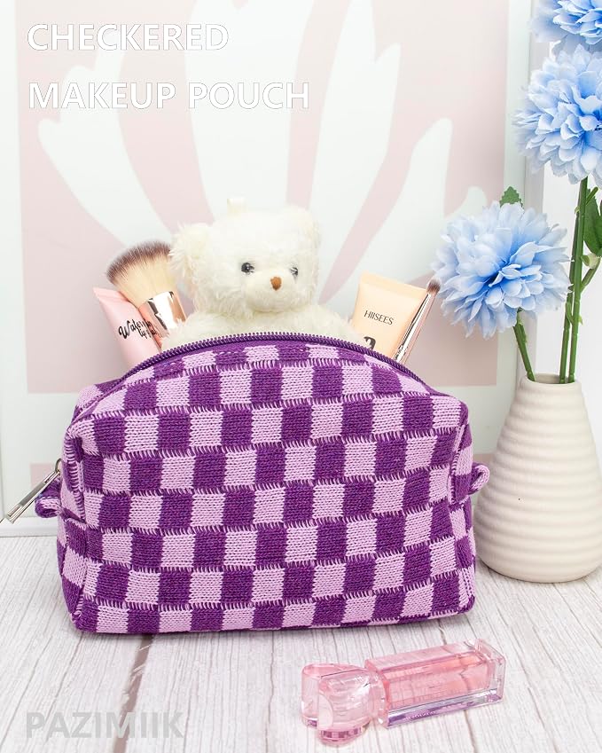 Checkered Makeup Bag for Purse, Small Travel Cosmetic Pouch,Lavender | Cute Zipper Makeup Organizer for Women, Travel Essentials, Toiletries, Makeup Brushes, Beauty Accessories&Bridesmaid Gifts