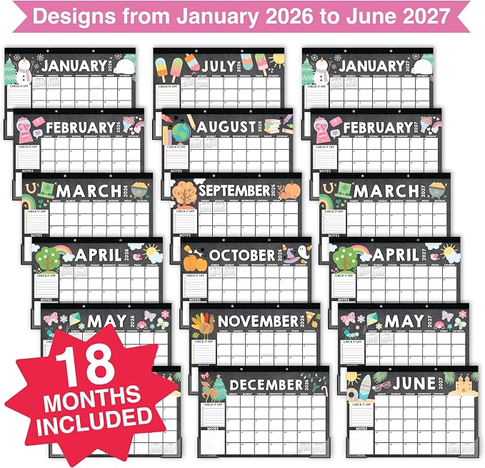 Hadley Designs Large Teacher Desk Calendar 2026-2027 - Desktop Calendar 2026, 18-Month Academic Desk Calendars for School, Home & Office, Cute Classroom Must Haves, Back to School Teacher Gifts