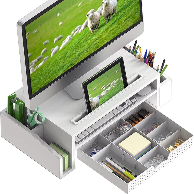 Simple Houseware Desk Monitor Stand Riser w/ Adjustable Tray, White | Built-In Tablet Slot and Side Storage