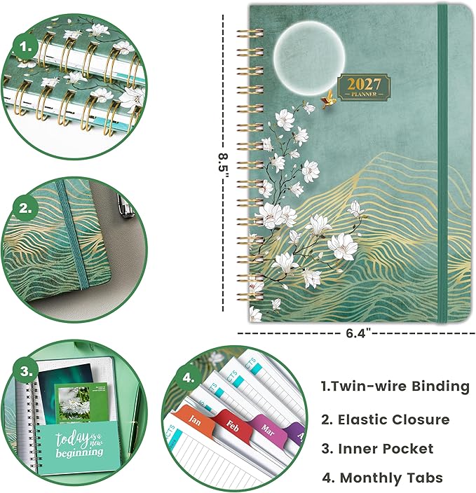 2027 Planner - JAN. 2027 - DEC. 2027, 2027 Planner Weekly and Monthly, Weekly and Monthly Planner with Colorful Tabs, Premium Paper, Twin-wire Binding - Hardcover (6.4" x 8.5", Green, Back Pocket)