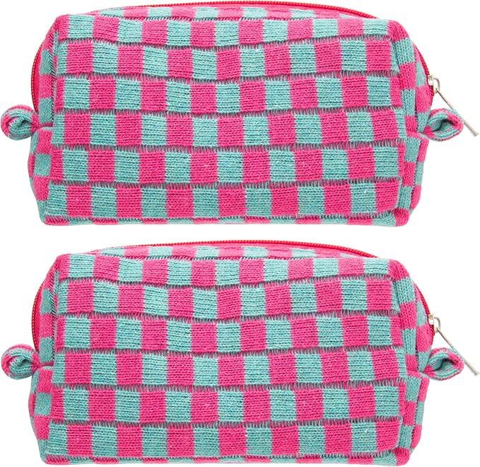 Checkered Makeup Bag for Purse, Small Cosmetic Pouch,Magenta Green,2 Pack | Cute Zipper Makeup Organizer for Women, Travel Essentials, Toiletries, Makeup Brushes, Beauty Accessories&Bridesmaid Gifts