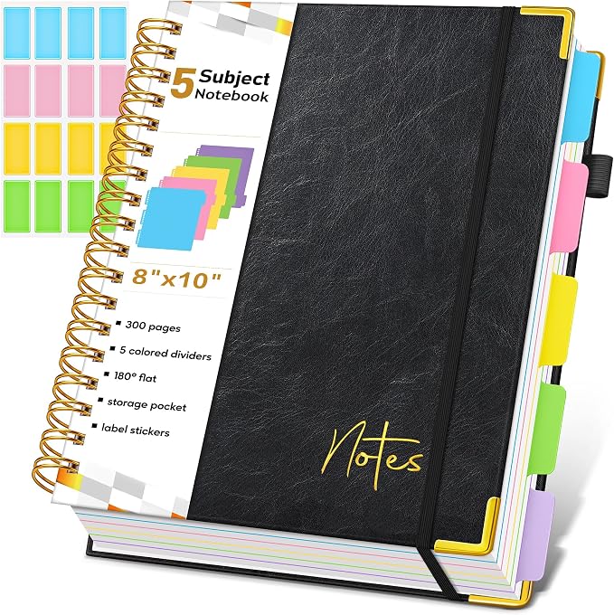 5 Subject Dotted Notebook with Removable Dividers Tabs, 300 Pages Hardcover Leather Dot Grid Spiral Journal, 8"x10" B5 Large Bullet Notebooks for Women Men Work School College Maths Sketching, Black
