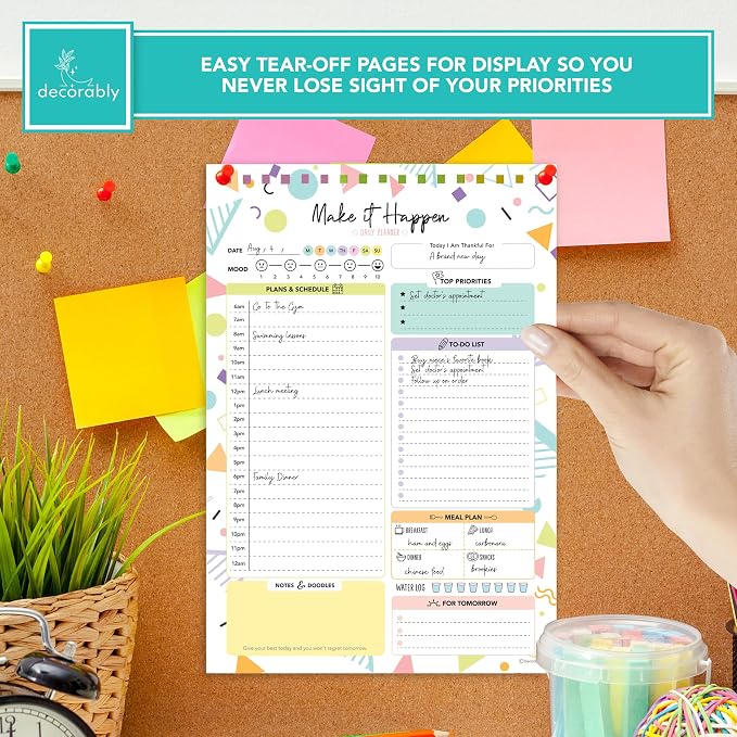Decorably 52 Sheets Colorful Pastel Undated Daily Planner Pad - 6.5x10in Spring-Bound to Do List Notepad for Schedule, Priorities, Agenda, Water Intake, Meals, Notes and Doodles, Easy Tear-Off Design
