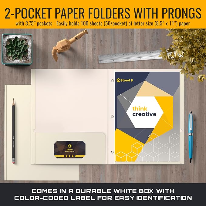 Better Office Products White Paper 2 Pocket Folders with Prongs, 50 Pack, Matte Texture, Letter Size Paper Folders, 50 Pack, with 3 Metal Prong Fastener Clips, White