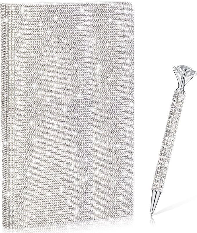 Resholder Rhinestone Pen & Glitter Notebook Set, Hard Cover Bling Diary Journal for Girls, Cute School Supplies for Back to School, Sparkly Desk Accessories Gift for Women(Rhinestone,A5,White)