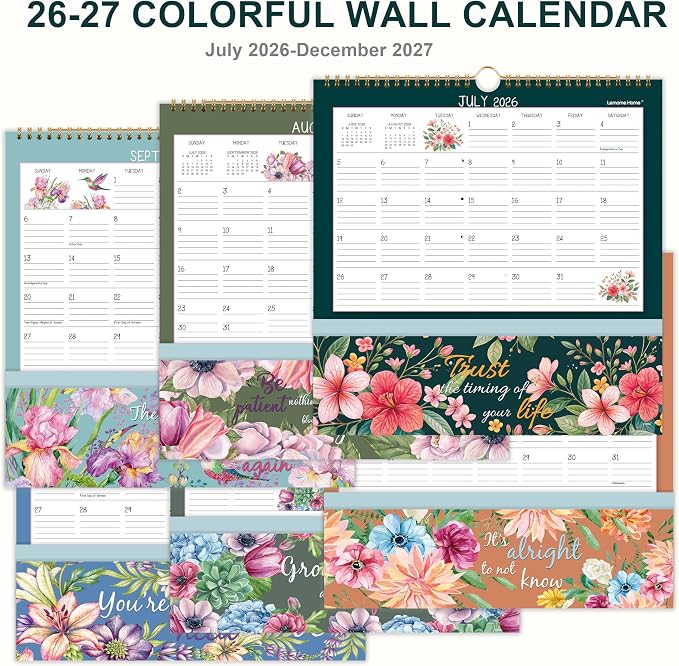 Wall Calendar 2026-2027, Jul. 2026 - Dec. 2027, 11.2" x 11.2", 18 Month | Pocket Calendar, 2026-2027 Calendar with Pockets, Calendars for Office School Home - 12 Different Floral