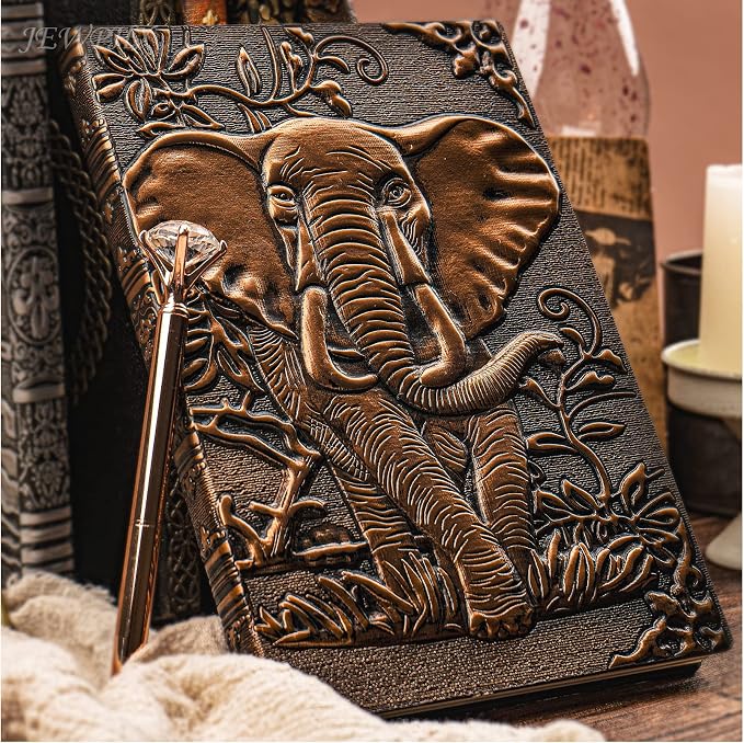 3D Elephant Vintage Leather Journal Writing Notebook with Pen Set,Antique Handmade Leather Daily Notepad Sketchbook,Travel Diary&Notebooks to Write in,Elephant Journal Gift for Men Women