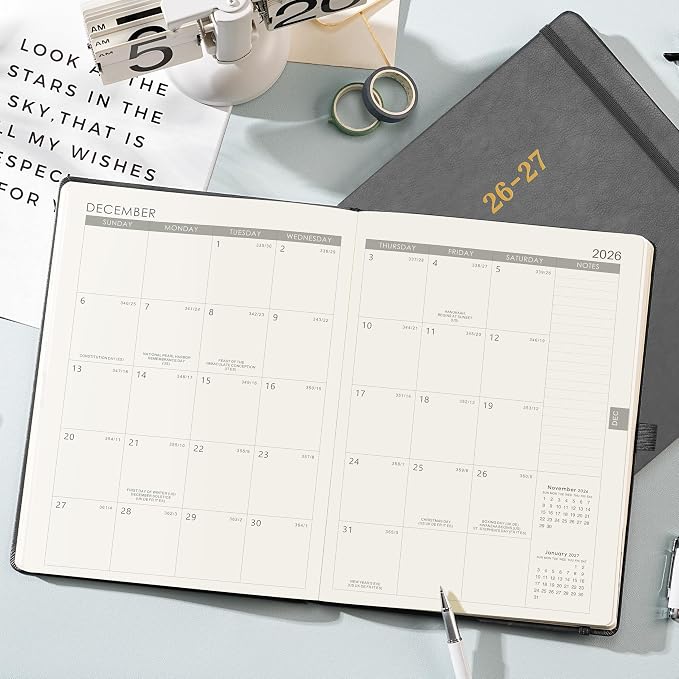 2026-2027 Planner - Weekly and Monthly Planner 2026-2027, Jul. 2026 - Jun. 2027, 9" x 11", 26-27 Calendar Planner with Inner Pocket + Elastic Closure + Pen Loop + Bookmarks, Leather Hardcover - Grey
