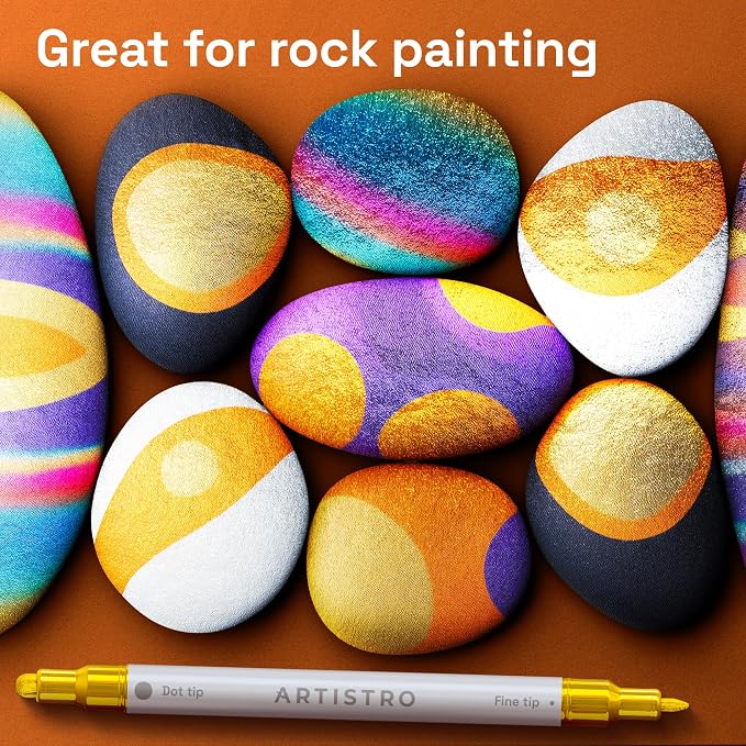 ARTISTRO 12 Gold Dual-Tip Acrylic Paint Markers – Paint Pens Set with Dot & Fine Tips for Fabric, Rock, Glass, Wood, Coloring Books – Arts & Crafts Gift – Classroom Must Haves & School Supplies