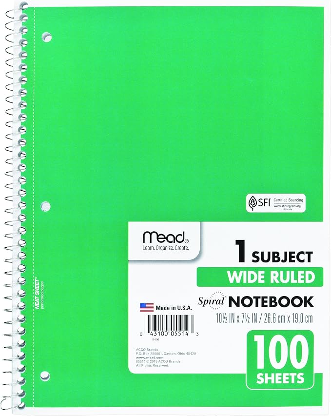 Mead Spiral Notebook, 1 Subject, Wide Ruled Paper, 100 Sheets, 10-1/2" x 8", Color Selected For You, 1 Count (05514) (Pack of 2)