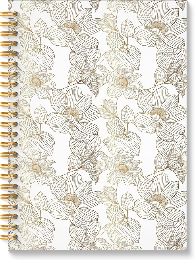 Elegant Neutral Floral Spiral Notebook, Beige and Gold Botanical Journal, Vintage Minimalist Linear Flower Plant Hardcover Notebook Journal, 5.5x8.3 Inch
