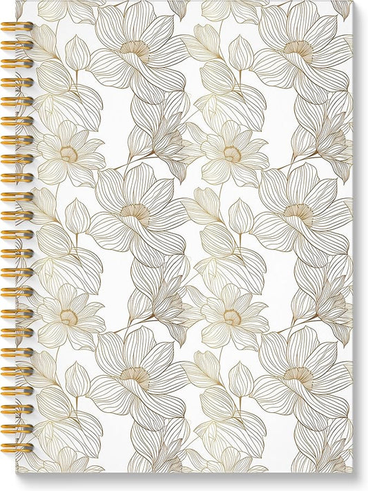 Elegant Neutral Floral Spiral Notebook, Beige and Gold Botanical Journal, Vintage Minimalist Linear Flower Plant Hardcover Notebook Journal, 5.5x8.3 Inch