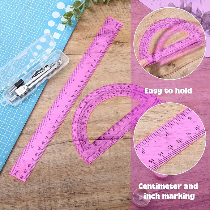 Zonon 3 Pcs Plastic Ruler 6 Inch Protractor Drawing Compass Set, Student Geometry Math Transparent Measuring Tools for Home School Classroom Office Supplies(12 Inch,Pink)