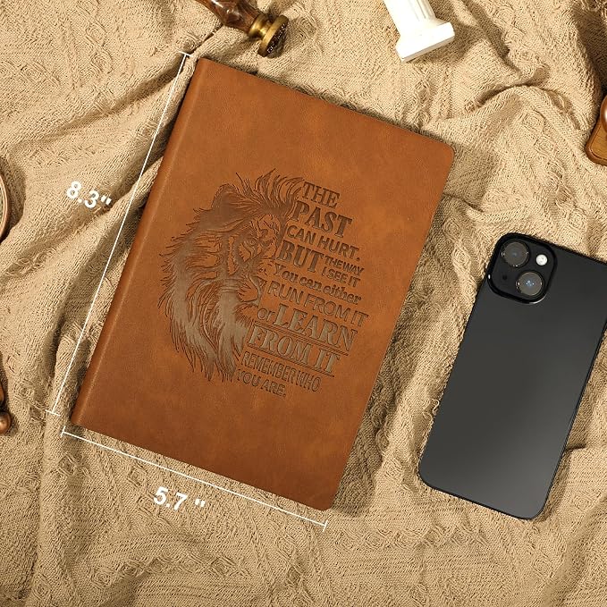 MINICAGIE Leather Journal for Men Soft Cover 256 Pages Lined Bible Journals for Writing A5 Lion Journaling Notebooks Vintage Travel Inspirational Diary, 5.7" x 8.3", Brown