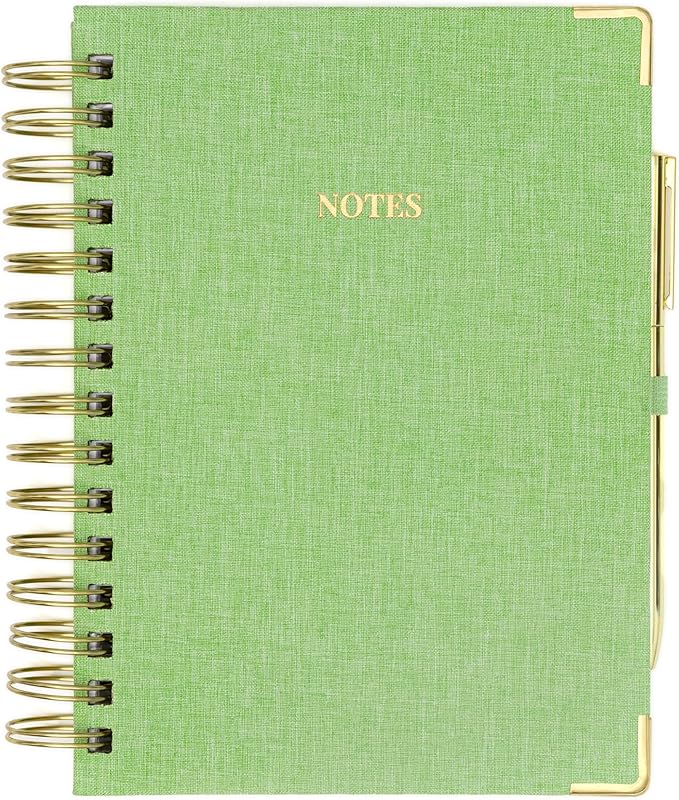ELYN Lined Spiral Journal, Linen Hardcover Notebook with Matching Gold Gel Pen, 252 Pages, 8 in x 5 in - 100 GSM Premium Paper, Spiral Notebook for Home, Office, Notes & Gifts, (Green)