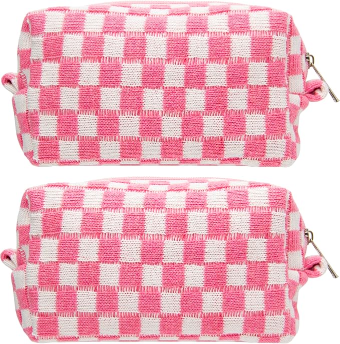 Checkered Makeup Bag for Purse, Small Travel Cosmetic Pouch,Pink,2 Pack | Cute Zipper Makeup Organizer for Women, Travel Essentials, Toiletries, Makeup Brushes, Beauty Accessories&Bridesmaid Gifts