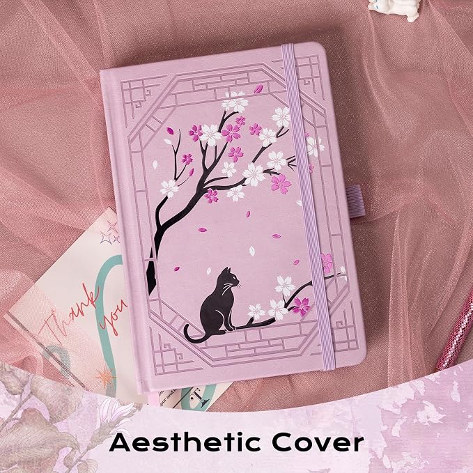 TIEFOSSI A5 Dotted Journal, Cute Cat Journal for Women Girls, Dot Notebook with Pretty Sakura Pattern, Aesthetic Diary for Writing Journaling Drawing, Golden Edges