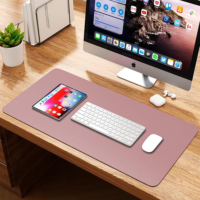 Leather Desk Pad Protector, Waterproof Mouse Pad, PU Desk Mat, Office Desk Cover, Desk Writing Mat for Office/Home/Work/Cubicle (Purple/Pink) 23.6x13.7 in