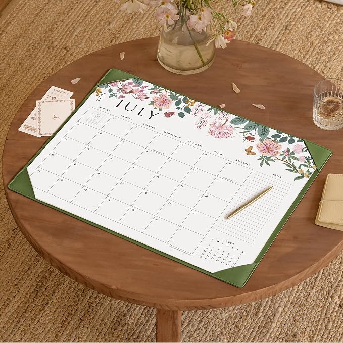 Cabbrix Desk Calendar 2026 with Desktop Mat, Large Desk Pad Calendar 22 x 17 Inch Runs From July 2026 to December 2027, Floral Design Calendar 2026 for Home School and Office (Green)