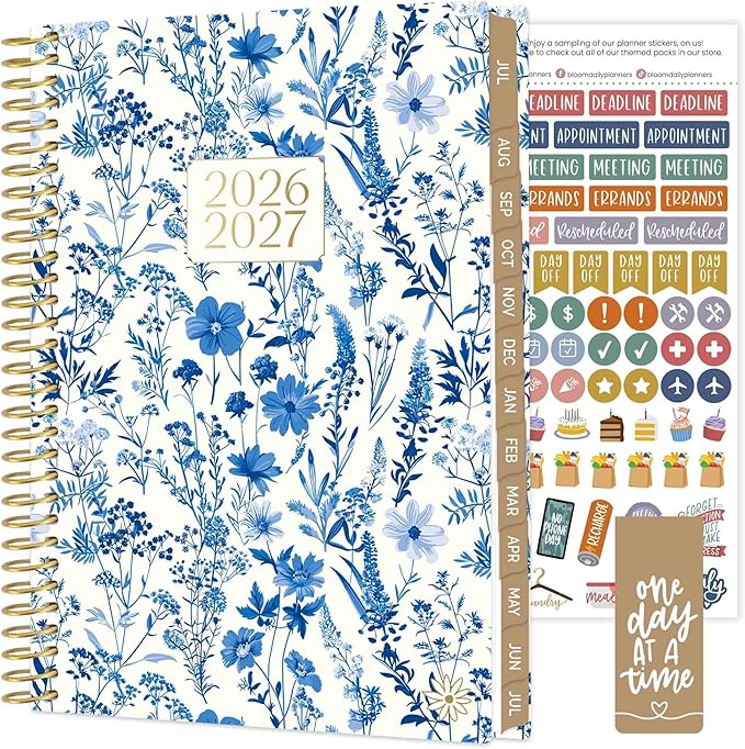 bloom daily planners 2026-2027 Planner - Academic Year (July 2026 - July 2027) Monthly & Weekly Soft Cover Planner for Women - 13 Month Inspirational Agenda Book with Stickers - 5.5" x 8.25" - Blue & White Floral