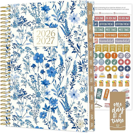 bloom daily planners 2026-2027 Planner - Academic Year (July 2026 - July 2027) Monthly & Weekly Soft Cover Planner for Women - 13 Month Inspirational Agenda Book with Stickers - 5.5" x 8.25" - Blue & White Floral