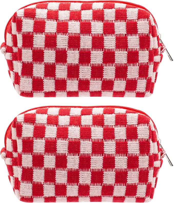 Checkered Makeup Bag for Purse, Small Travel Cosmetic Pouch,Red,2 Pack | Cute Zipper Makeup Organizer for Women, Travel Essentials, Toiletries, Makeup Brushes, Beauty Accessories&Bridesmaid Gifts