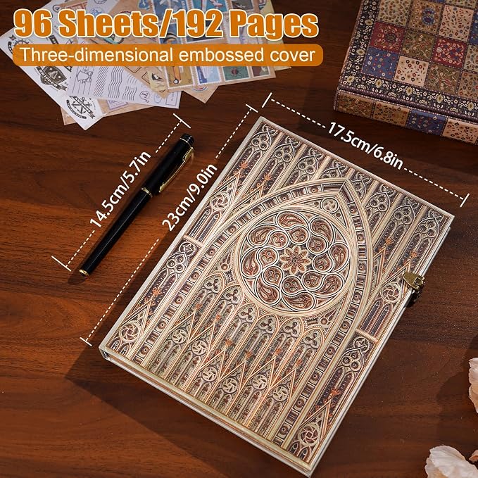 Retro 3D Hot Stamping Gothic Dome Patterned Cover Notebook,Contains 96 Sheets/192 Blank Lines Lined Journal,With Envelope Pocket Journal,Suitable As A Notebook,Travel Diary,Wedding Anniversary.